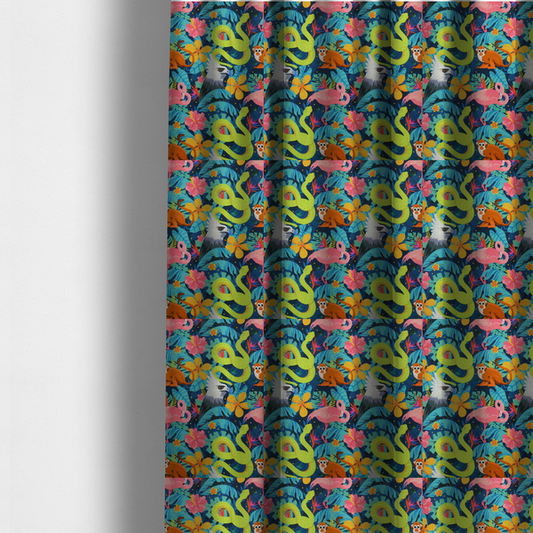 The fabric used to create these made-to-measure curtains has neon green snakes, orange monkeys, pink flamingos, and harpy eagles surrounded by tropical flowers and blue foliage on a dark blue background.