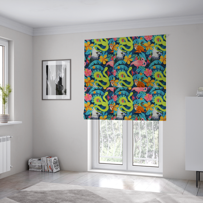 The fabric used to create these Roman blinds has neon green snakes, orange monkeys, pink flamingos, and harpy eagles surrounded by tropical flowers and blue foliage on a dark blue background.