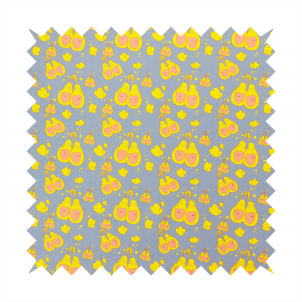 A repeating pattern of paired, smiling yellow pears with pink heart-shaped centres on a light blue-grey herringbone background.