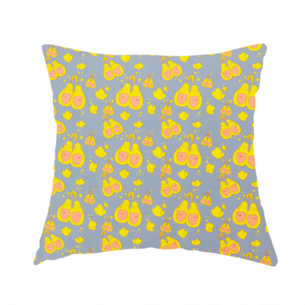 The fabric used to create this handmade cushion is a repeating pattern of paired, smiling yellow pears with pink heart-shaped centres on a light blue-grey herringbone background.