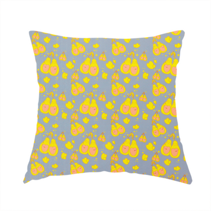 The fabric used to create this handmade cushion is a repeating pattern of paired, smiling yellow pears with pink heart-shaped centres on a light blue-grey herringbone background.