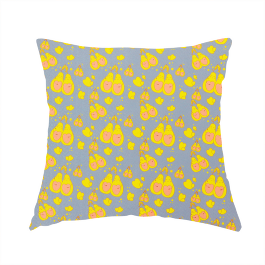 The fabric used to create this handmade cushion is a repeating pattern of paired, smiling yellow pears with pink heart-shaped centres on a light blue-grey herringbone background.