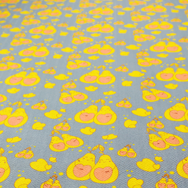 A repeating pattern of paired, smiling yellow pears with pink heart-shaped centres on a light blue-grey herringbone background.