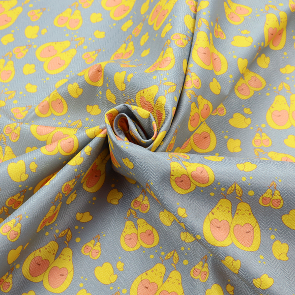 A repeating pattern of paired, smiling yellow pears with pink heart-shaped centres on a light blue-grey herringbone background.