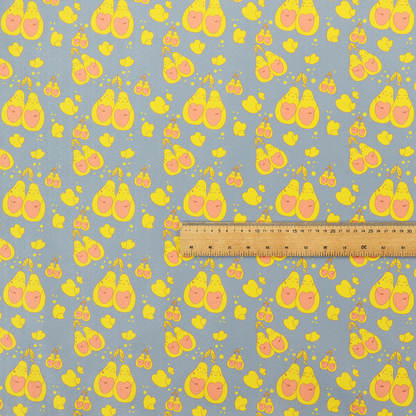 A repeating pattern of paired, smiling yellow pears with pink heart-shaped centres on a light blue-grey herringbone background.