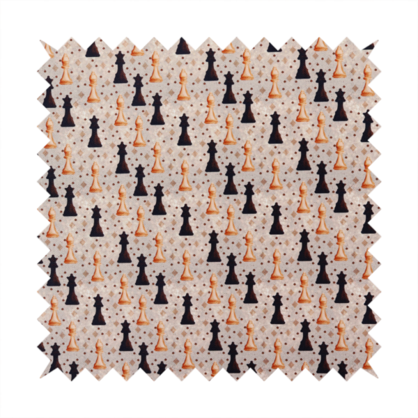 A dense, repeating chess-themed pattern featuring alternating columns of dark and light chess pieces (queens, kings, and bishops) set against a patterned, neutral beige background with tiny diamond and dot motifs.