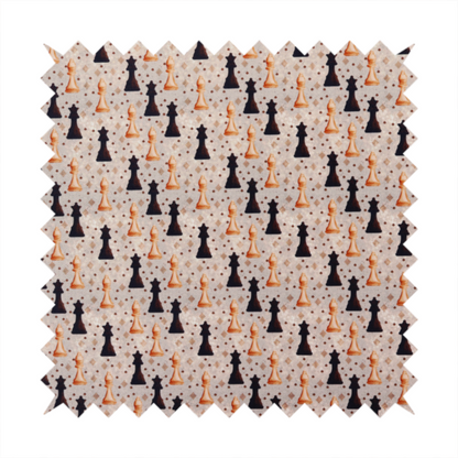 A dense, repeating chess-themed pattern featuring alternating columns of dark and light chess pieces (queens, kings, and bishops) set against a patterned, neutral beige background with tiny diamond and dot motifs.
