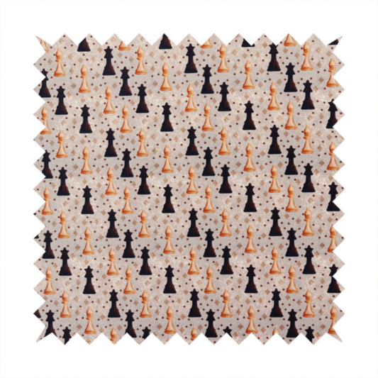 A dense, repeating chess-themed pattern featuring alternating columns of dark and light chess pieces (queens, kings, and bishops) set against a patterned, neutral beige background with tiny diamond and dot motifs.