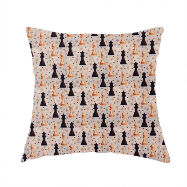 The fabric used to create this handmade cushion is a dense, repeating chess-themed pattern featuring alternating columns of dark and light chess pieces (queens, kings, and bishops) set against a patterned, neutral beige background with tiny diamond and dot motifs.