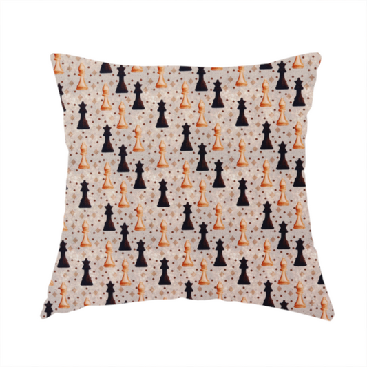 The fabric used to create this handmade cushion is a dense, repeating chess-themed pattern featuring alternating columns of dark and light chess pieces (queens, kings, and bishops) set against a patterned, neutral beige background with tiny diamond and dot motifs.