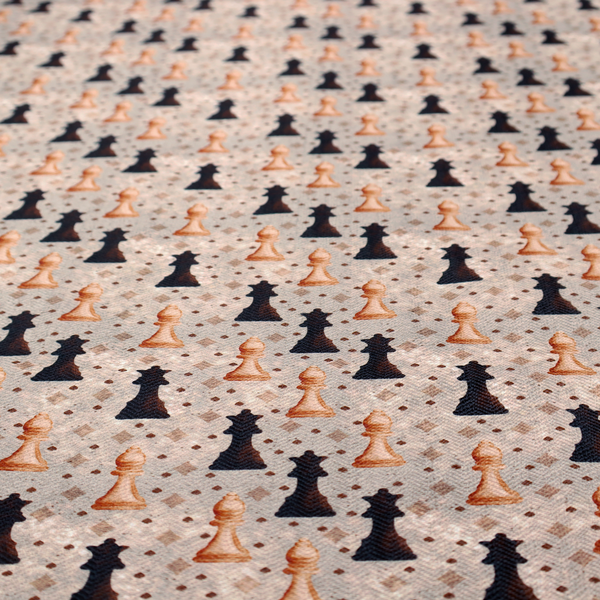 A dense, repeating chess-themed pattern featuring alternating columns of dark and light chess pieces (queens, kings, and bishops) set against a patterned, neutral beige background with tiny diamond and dot motifs.
