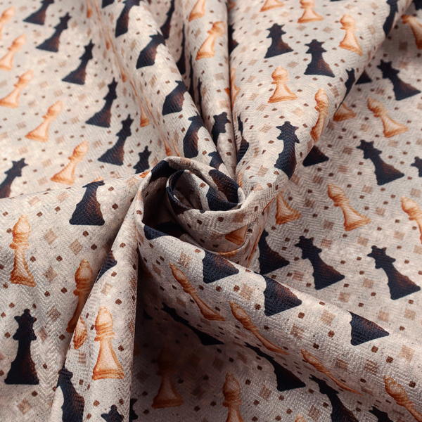 A dense, repeating chess-themed pattern featuring alternating columns of dark and light chess pieces (queens, kings, and bishops) set against a patterned, neutral beige background with tiny diamond and dot motifs.