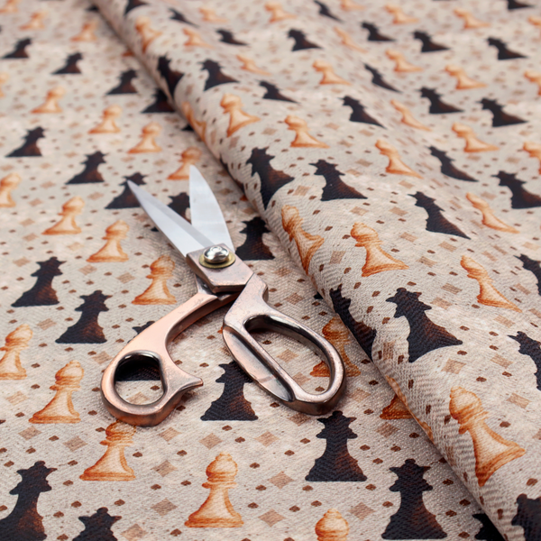 A dense, repeating chess-themed pattern featuring alternating columns of dark and light chess pieces (queens, kings, and bishops) set against a patterned, neutral beige background with tiny diamond and dot motifs.