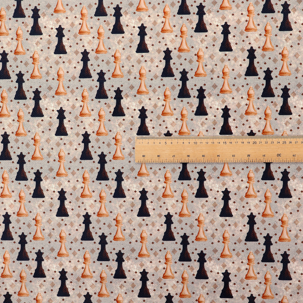 A dense, repeating chess-themed pattern featuring alternating columns of dark and light chess pieces (queens, kings, and bishops) set against a patterned, neutral beige background with tiny diamond and dot motifs.