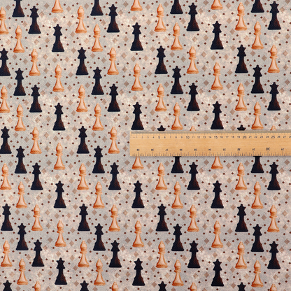 A dense, repeating chess-themed pattern featuring alternating columns of dark and light chess pieces (queens, kings, and bishops) set against a patterned, neutral beige background with tiny diamond and dot motifs.