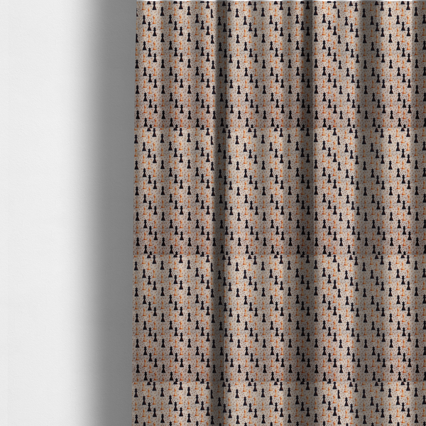 The fabric used to create these made-to-measure curtains is a dense, repeating chess-themed pattern featuring alternating columns of dark and light chess pieces (queens, kings, and bishops) set against a patterned, neutral beige background with tiny diamond and dot motifs.