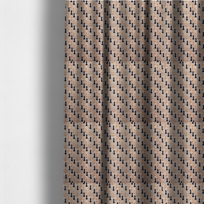 The fabric used to create these made-to-measure curtains is a dense, repeating chess-themed pattern featuring alternating columns of dark and light chess pieces (queens, kings, and bishops) set against a patterned, neutral beige background with tiny diamond and dot motifs.