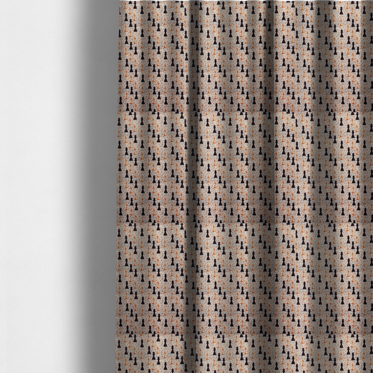 The fabric used to create these made-to-measure curtains is a dense, repeating chess-themed pattern featuring alternating columns of dark and light chess pieces (queens, kings, and bishops) set against a patterned, neutral beige background with tiny diamond and dot motifs.