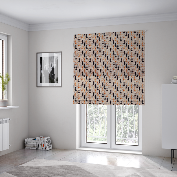 The fabric used to create these Roman blinds is a dense, repeating chess-themed pattern featuring alternating columns of dark and light chess pieces (queens, kings, and bishops) set against a patterned, neutral beige background with tiny diamond and dot motifs.