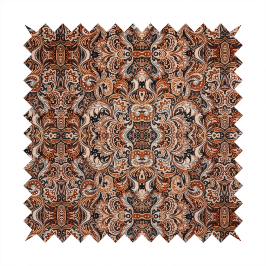 A dense, intricate, and ornate paisley and damask-style repeating pattern featuring rich earth tones of copper, brown, cream, and dark charcoal.