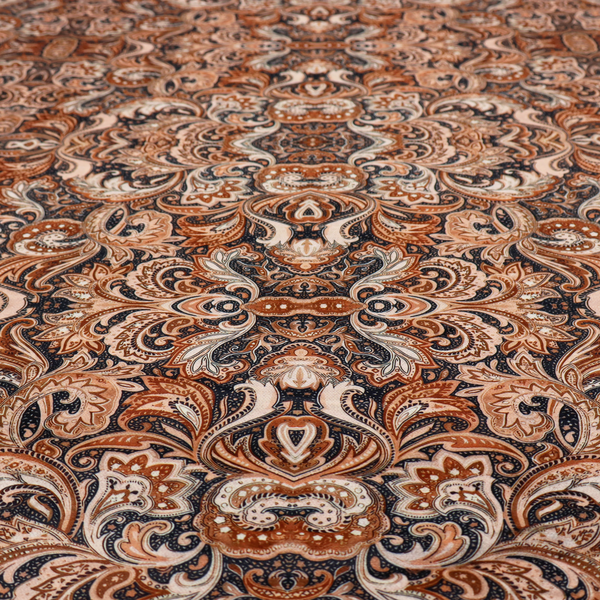 A dense, intricate, and ornate paisley and damask-style repeating pattern featuring rich earth tones of copper, brown, cream, and dark charcoal.