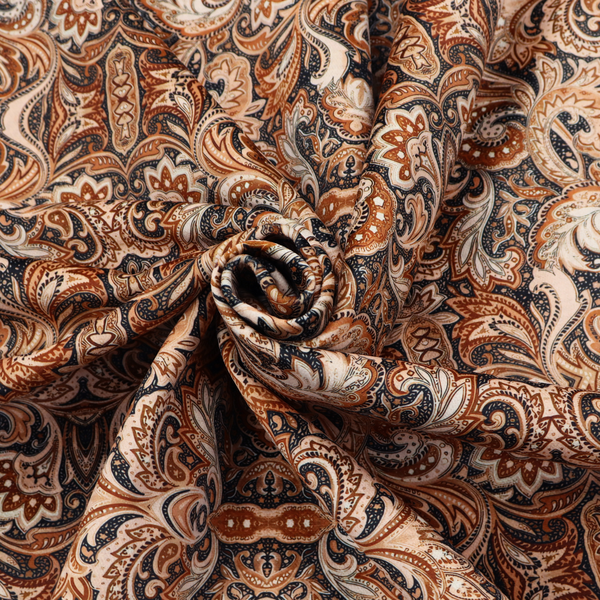A dense, intricate, and ornate paisley and damask-style repeating pattern featuring rich earth tones of copper, brown, cream, and dark charcoal.
