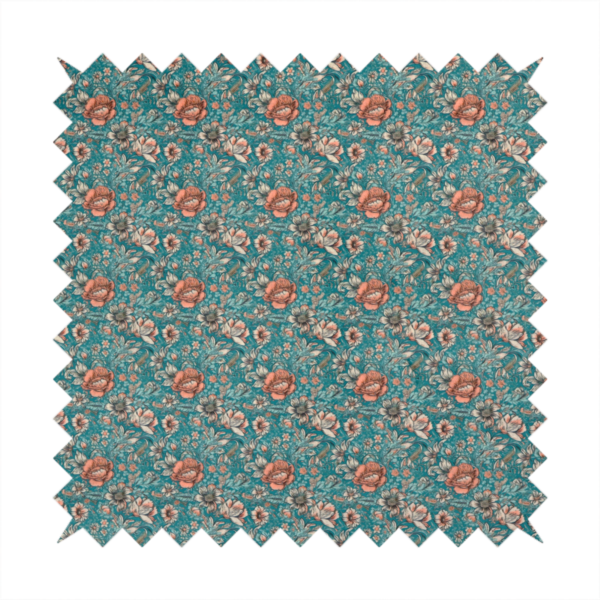 A dense, vintage-style floral repeating pattern featuring peach and muted white flowers with detailed leaves and foliage against a vibrant teal background.