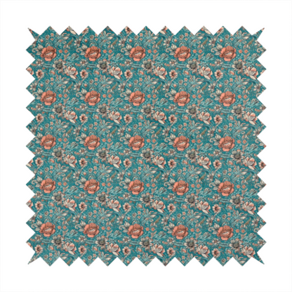 A dense, vintage-style floral repeating pattern featuring peach and muted white flowers with detailed leaves and foliage against a vibrant teal background.