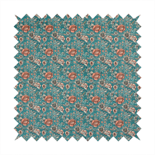 A dense, vintage-style floral repeating pattern featuring peach and muted white flowers with detailed leaves and foliage against a vibrant teal background.