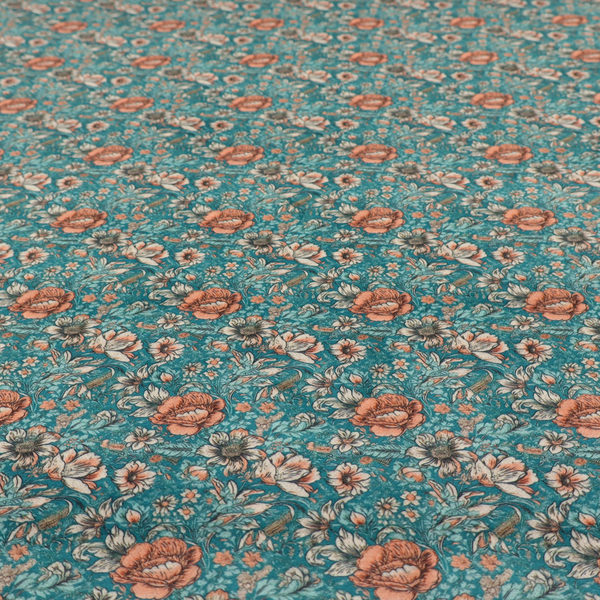 A dense, vintage-style floral repeating pattern featuring peach and muted white flowers with detailed leaves and foliage against a vibrant teal background.