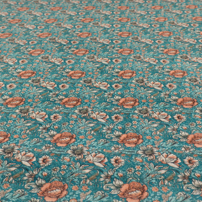 A dense, vintage-style floral repeating pattern featuring peach and muted white flowers with detailed leaves and foliage against a vibrant teal background.