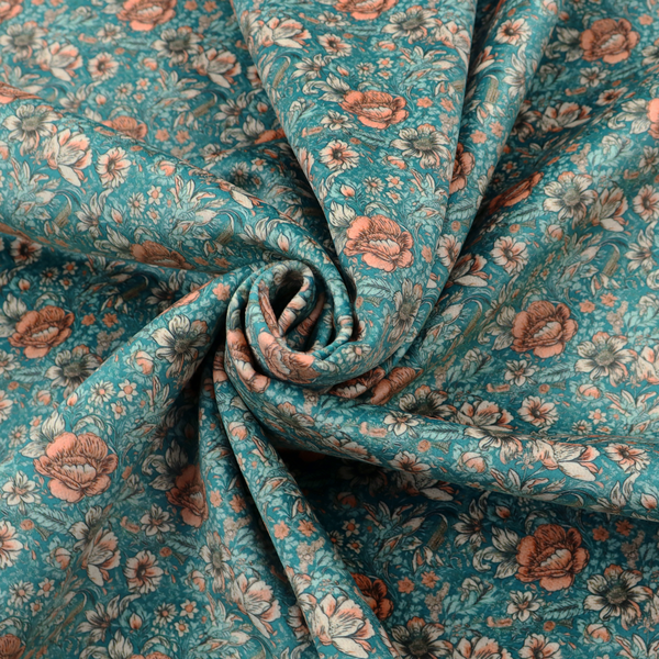 A dense, vintage-style floral repeating pattern featuring peach and muted white flowers with detailed leaves and foliage against a vibrant teal background.