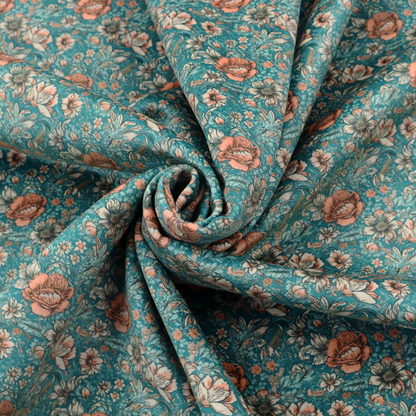 A dense, vintage-style floral repeating pattern featuring peach and muted white flowers with detailed leaves and foliage against a vibrant teal background.