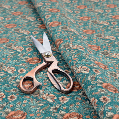 A dense, vintage-style floral repeating pattern featuring peach and muted white flowers with detailed leaves and foliage against a vibrant teal background.