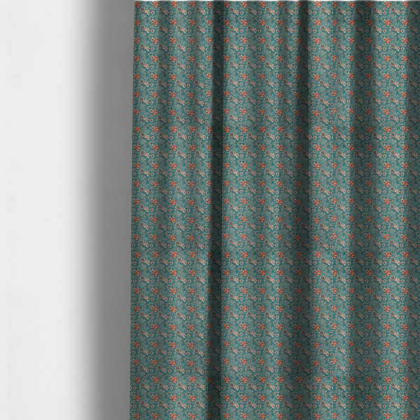 The fabric used to create these made-to-measure curtains is a dense, vintage-style floral repeating pattern featuring peach and muted white flowers with detailed leaves and foliage against a vibrant teal background.