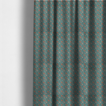 The fabric used to create these made-to-measure curtains is a dense, vintage-style floral repeating pattern featuring peach and muted white flowers with detailed leaves and foliage against a vibrant teal background.