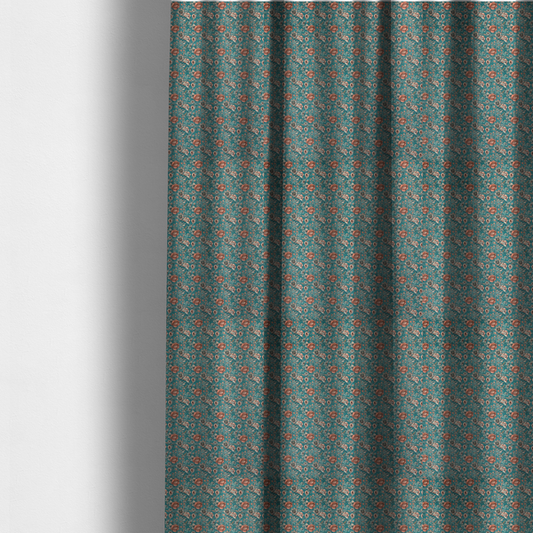The fabric used to create these made-to-measure curtains is a dense, vintage-style floral repeating pattern featuring peach and muted white flowers with detailed leaves and foliage against a vibrant teal background.