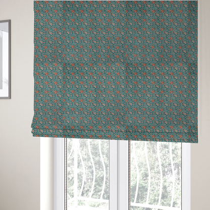 The fabric used to create these Roman blinds is a dense, vintage-style floral repeating pattern featuring peach and muted white flowers with detailed leaves and foliage against a vibrant teal background.