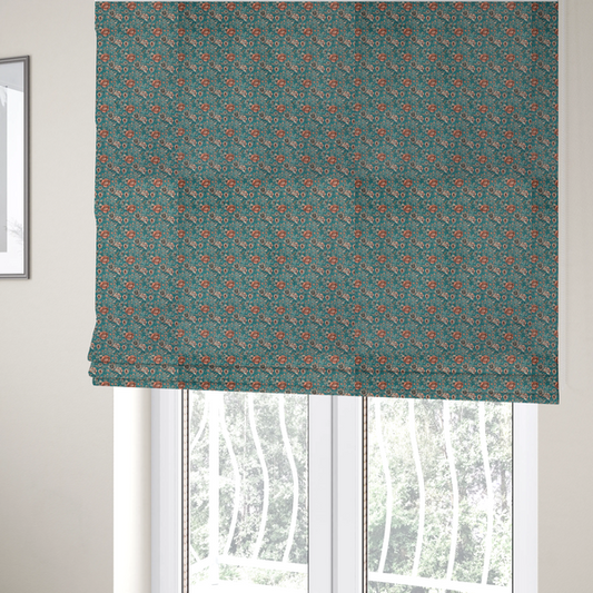 The fabric used to create these Roman blinds is a dense, vintage-style floral repeating pattern featuring peach and muted white flowers with detailed leaves and foliage against a vibrant teal background.