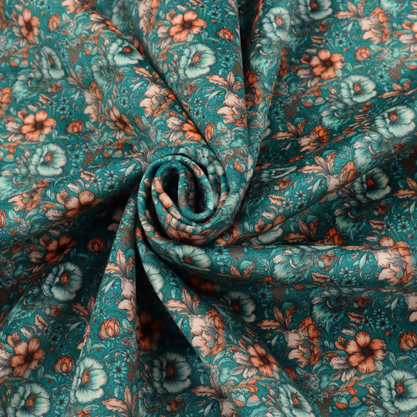 A dense, intricate, vintage-style botanical repeating pattern featuring small orange and pale grey-blue flowers with detailed foliage set against a dark teal background.
