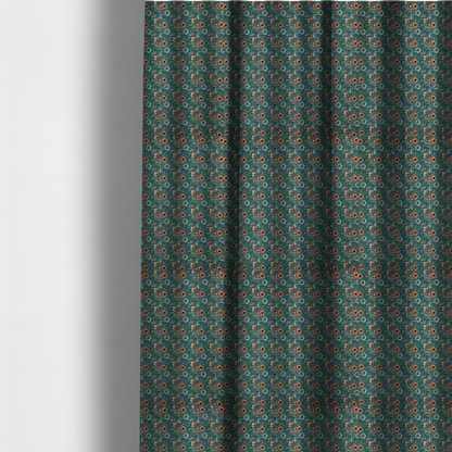 The fabric used to create these made-to-measure curtains is a dense, intricate, vintage-style botanical repeating pattern featuring small orange and pale grey-blue flowers with detailed foliage set against a dark teal background.