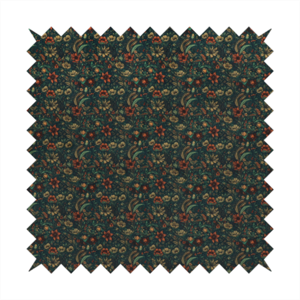 A dense, dark, vintage-style botanical repeating pattern featuring small rust-red and pale yellow flowers interwoven with detailed dark green leaves and foliage against a deep dark background.