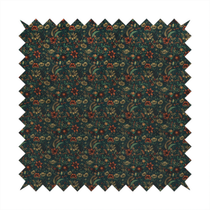 A dense, dark, vintage-style botanical repeating pattern featuring small rust-red and pale yellow flowers interwoven with detailed dark green leaves and foliage against a deep dark background.