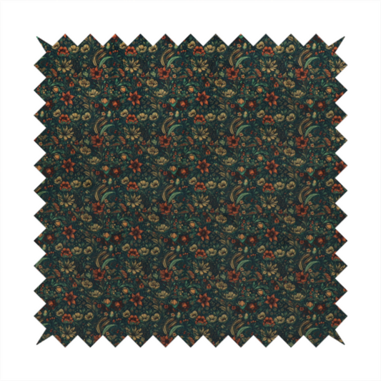 A dense, dark, vintage-style botanical repeating pattern featuring small rust-red and pale yellow flowers interwoven with detailed dark green leaves and foliage against a deep dark background.
