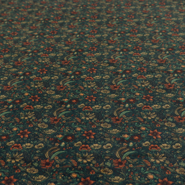 A dense, dark, vintage-style botanical repeating pattern featuring small rust-red and pale yellow flowers interwoven with detailed dark green leaves and foliage against a deep dark background.