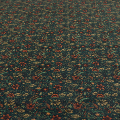 A dense, dark, vintage-style botanical repeating pattern featuring small rust-red and pale yellow flowers interwoven with detailed dark green leaves and foliage against a deep dark background.
