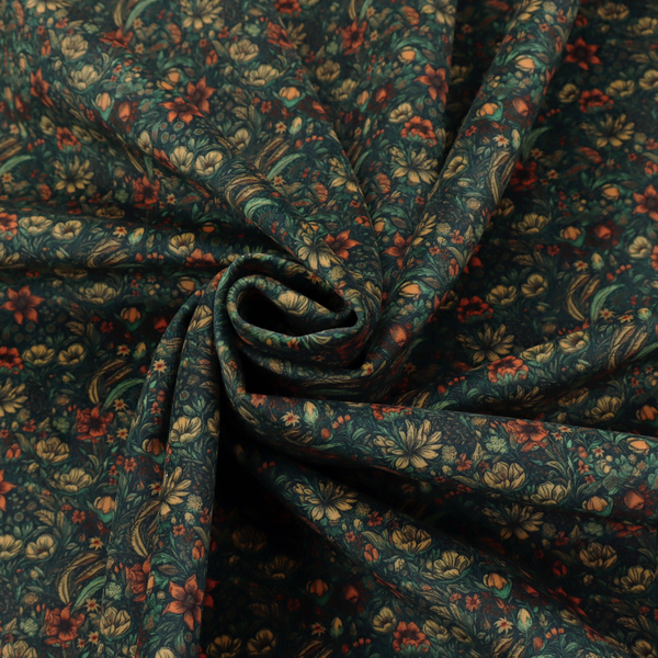 A dense, dark, vintage-style botanical repeating pattern featuring small rust-red and pale yellow flowers interwoven with detailed dark green leaves and foliage against a deep dark background.