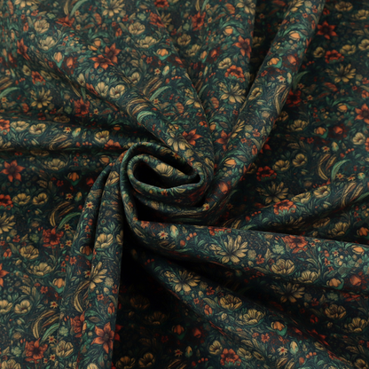 A dense, dark, vintage-style botanical repeating pattern featuring small rust-red and pale yellow flowers interwoven with detailed dark green leaves and foliage against a deep dark background.