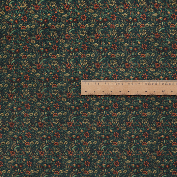 A dense, dark, vintage-style botanical repeating pattern featuring small rust-red and pale yellow flowers interwoven with detailed dark green leaves and foliage against a deep dark background.