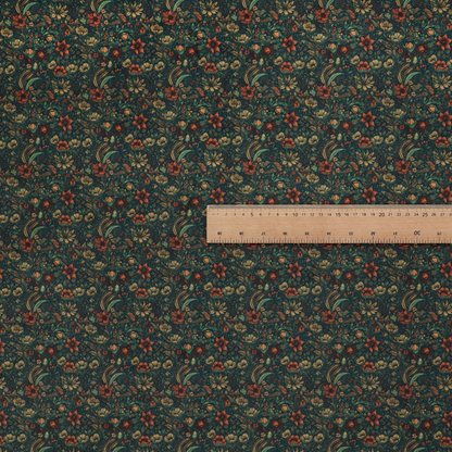 A dense, dark, vintage-style botanical repeating pattern featuring small rust-red and pale yellow flowers interwoven with detailed dark green leaves and foliage against a deep dark background.